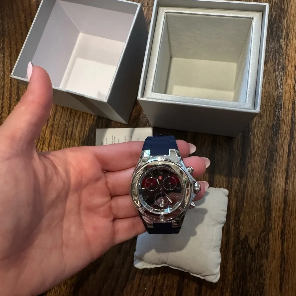 Michele Silver-Tone Case Watch with Black Strap